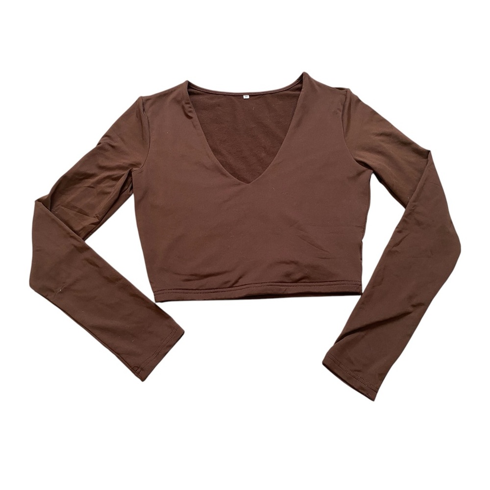 Brown V-Neck Long Sleeve Crop Top